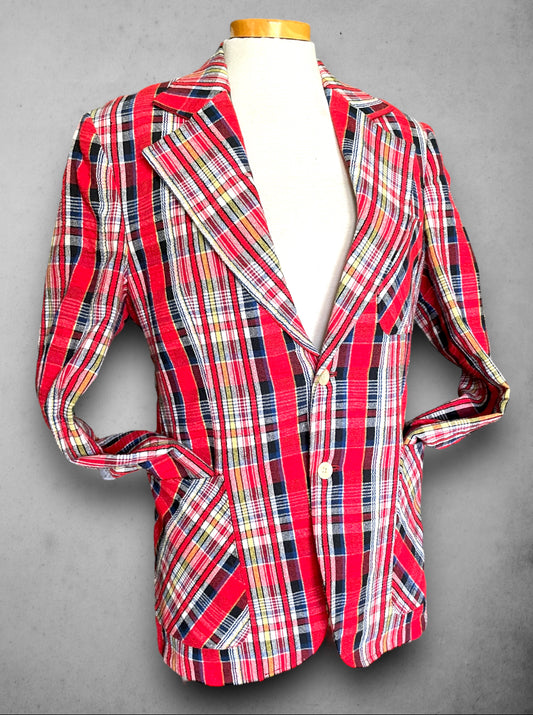 Vintage 1970’s Johnny Carson Red, Yellow, Blue & White Plaid Sports Coat / Blazer