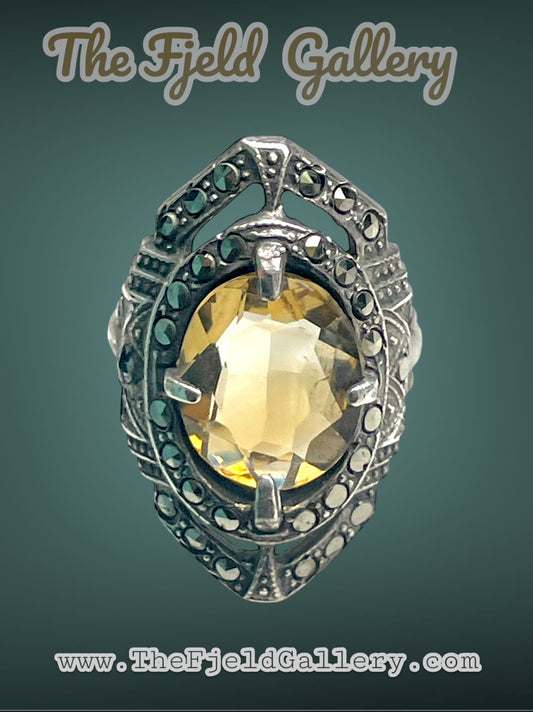 Citrine Art Deco Sterling Silver & Marcasite Ring