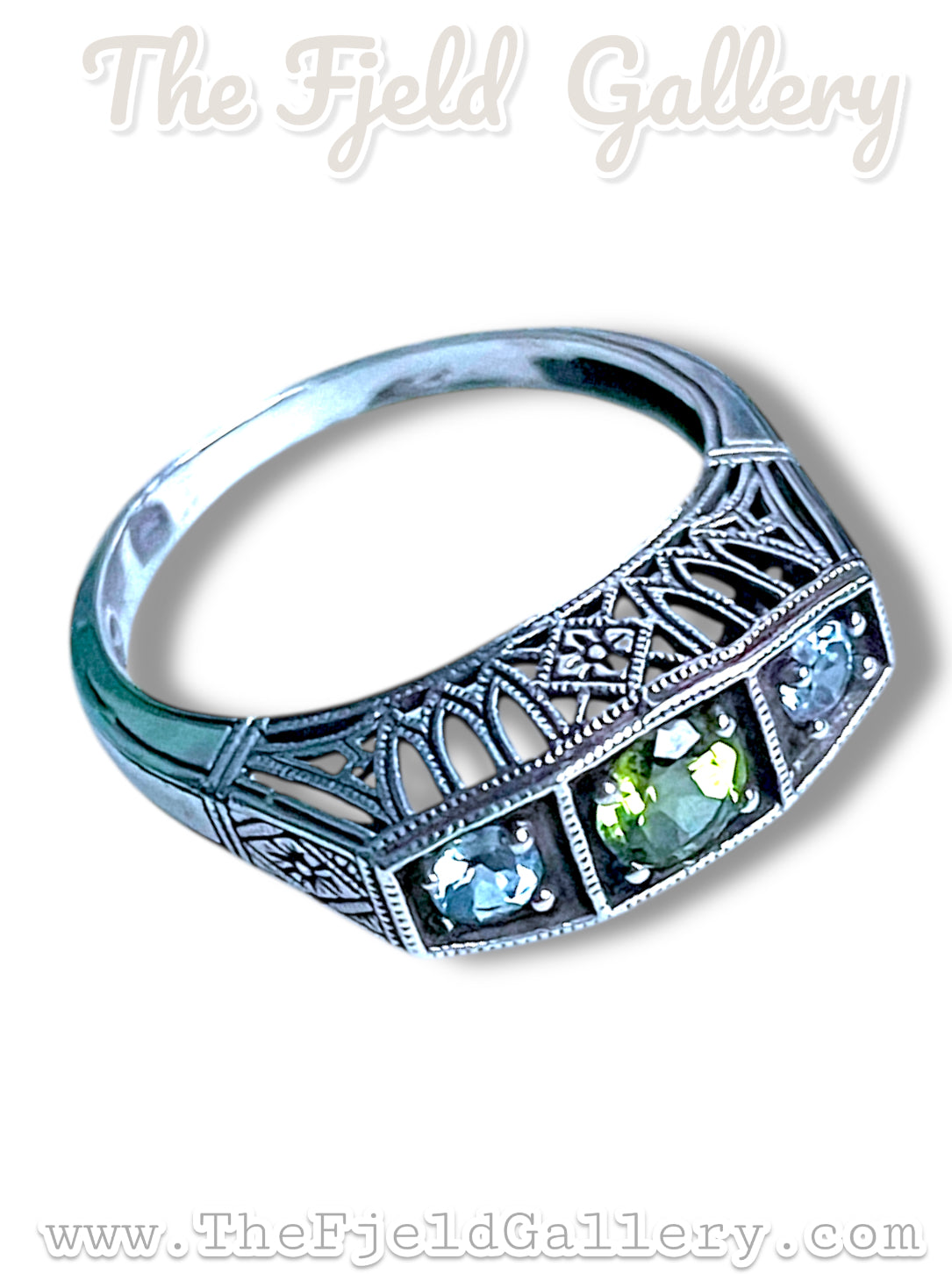 Aquamarine & Peridot Victorian Sterling Silver Filigree Ring sz 7.5