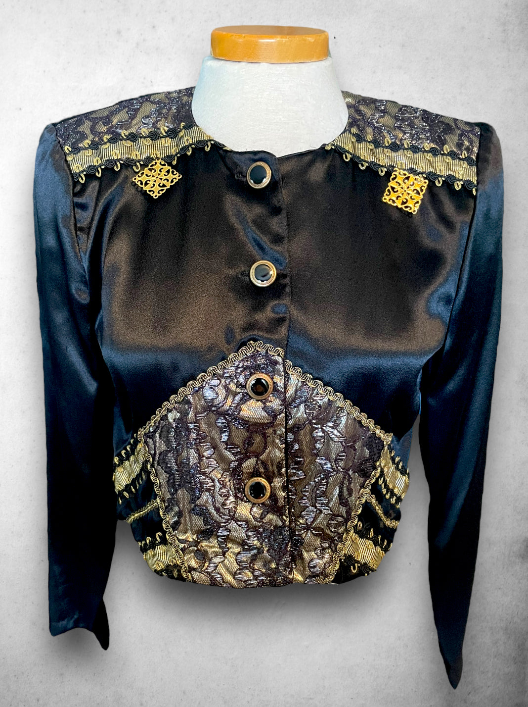 1980’s All That Jazz Black & Gold Lamé & Lace Pop Star Crop Satin Jacket