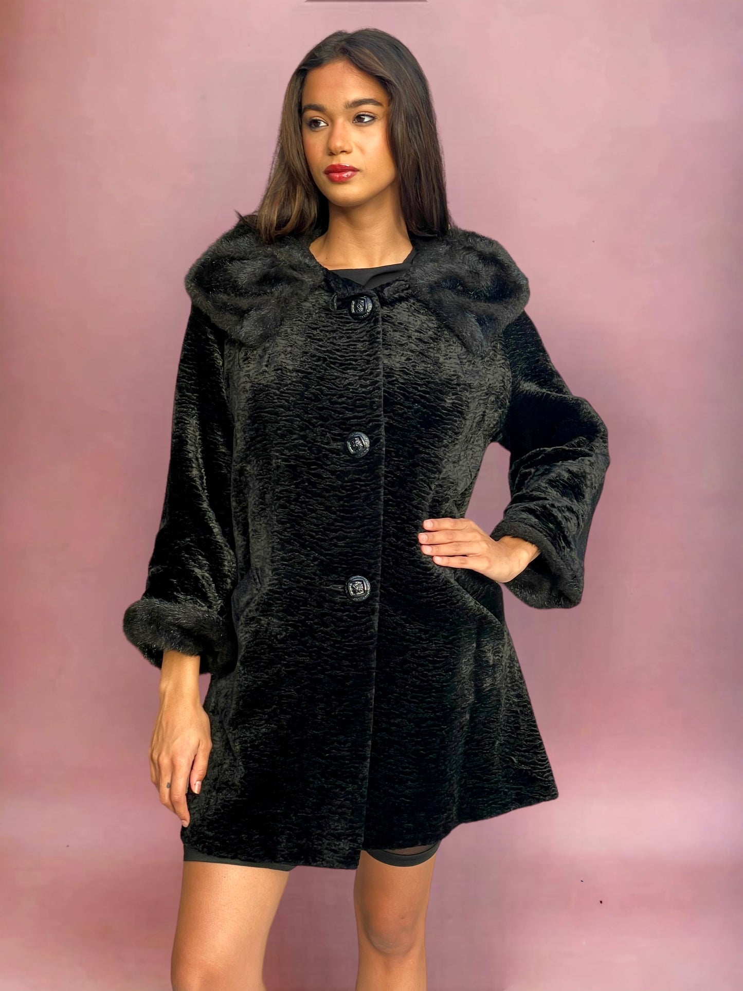 Mod 1960’s Tiger Stripe Patterned Black Velvet & Faux Fur Evening Coat