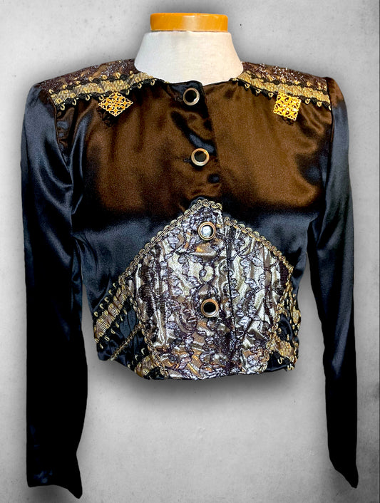 1980’s All That Jazz Black & Gold Lamé & Lace Pop Star Crop Satin Jacket