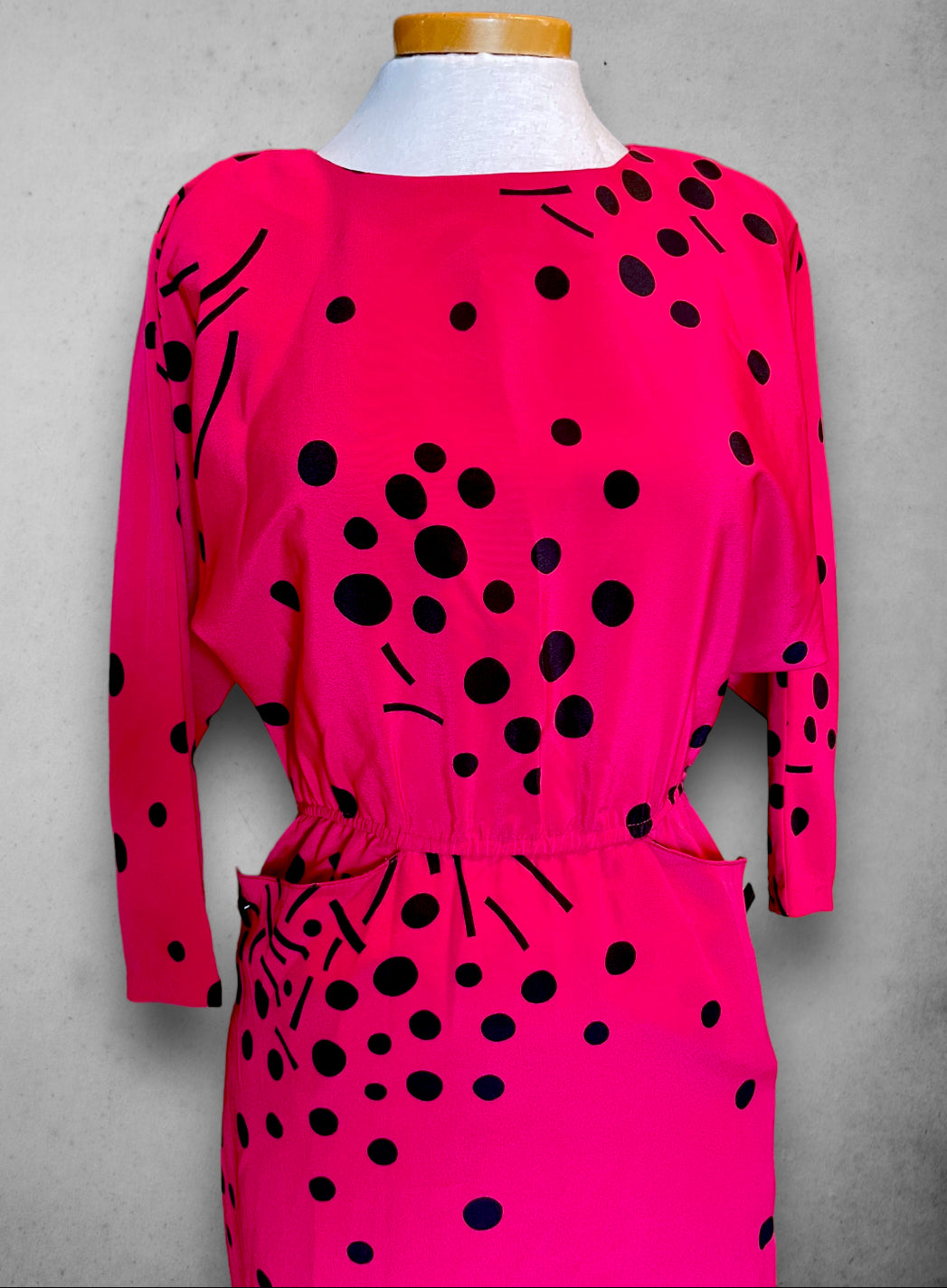 1980’s Pink Magenta Abstract Polka Dot Print Batwing Dress with Pockets