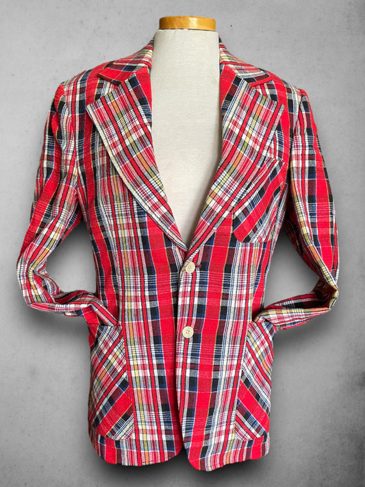 Vintage 1970’s Johnny Carson Red, Yellow, Blue & White Plaid Sports Coat / Blazer