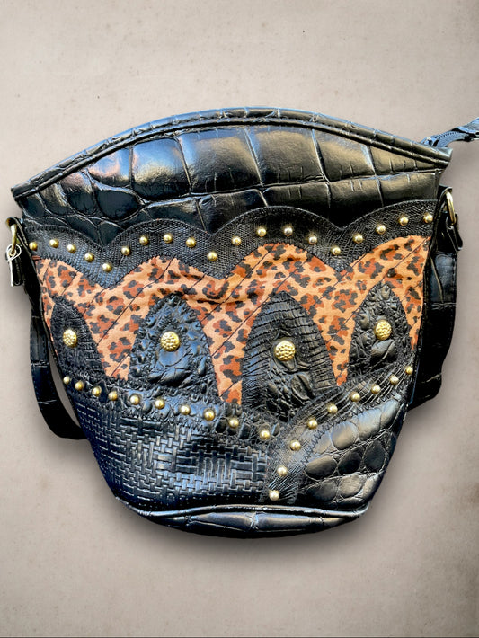 Vintage 1980’s Black Textured Faux Leather & Quilted Leopard Print Cross Body Purse with Gold Metal Rivets