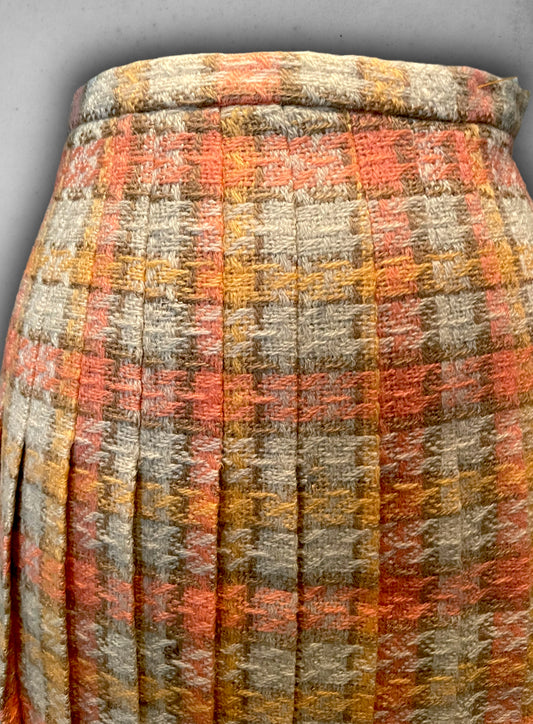1960’s Wool Pleated Salmon Pink, Orange & Beige Plaid Skirt