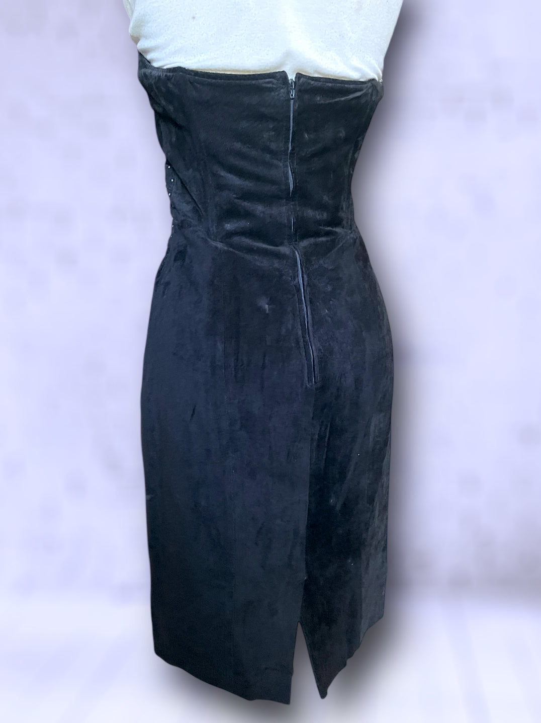 Vintage 1980’s Black Suede Leather Strapless Mini Dress with Crystal Detail