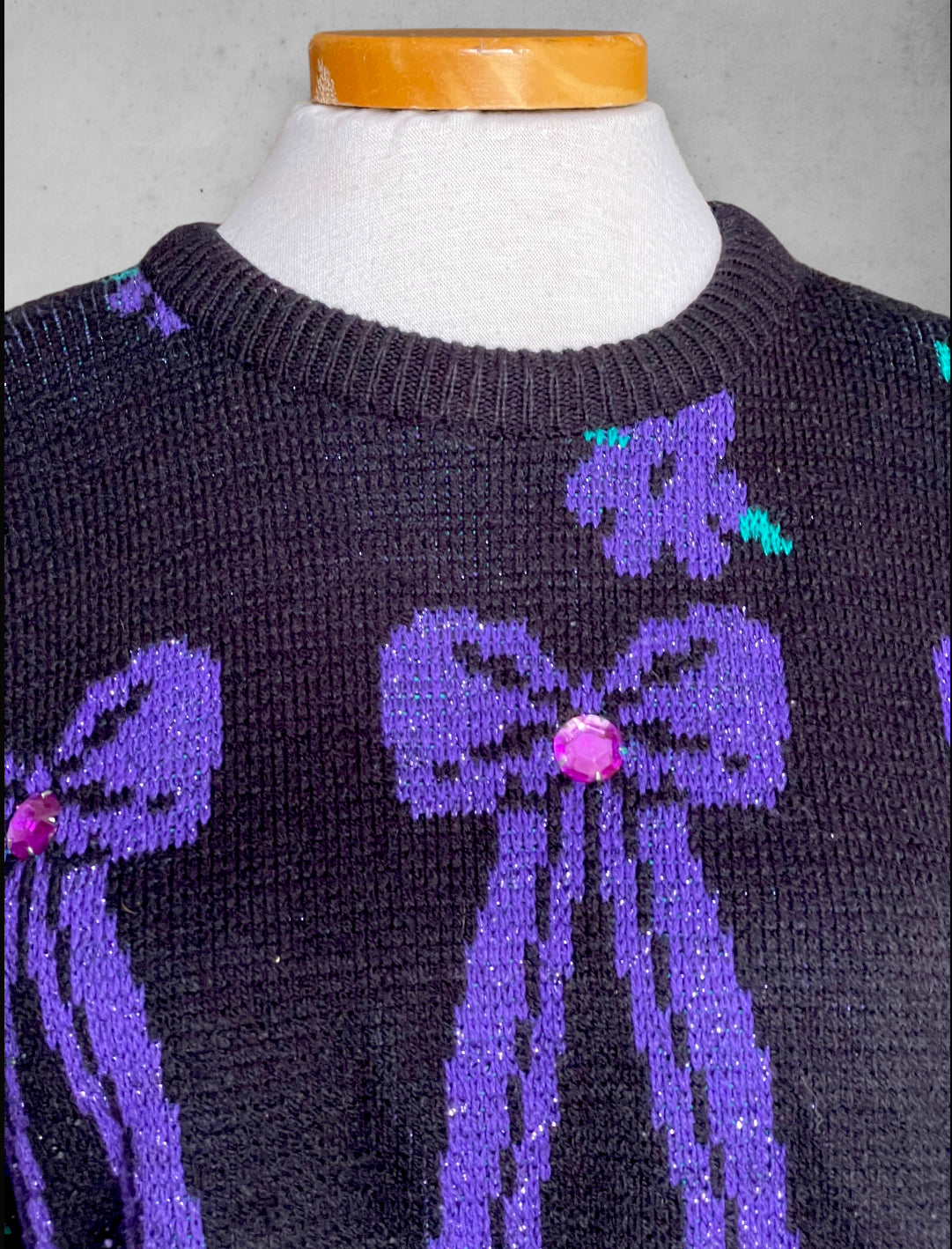 Vintage 1980’s Sweater with Purple & Green Bow and Floral Design & Purple Crystal Detail