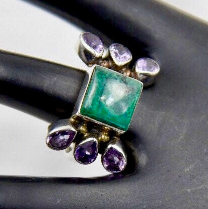 Vintage Chrysocolla & Amethyst Sterling Silver Ring Size 10