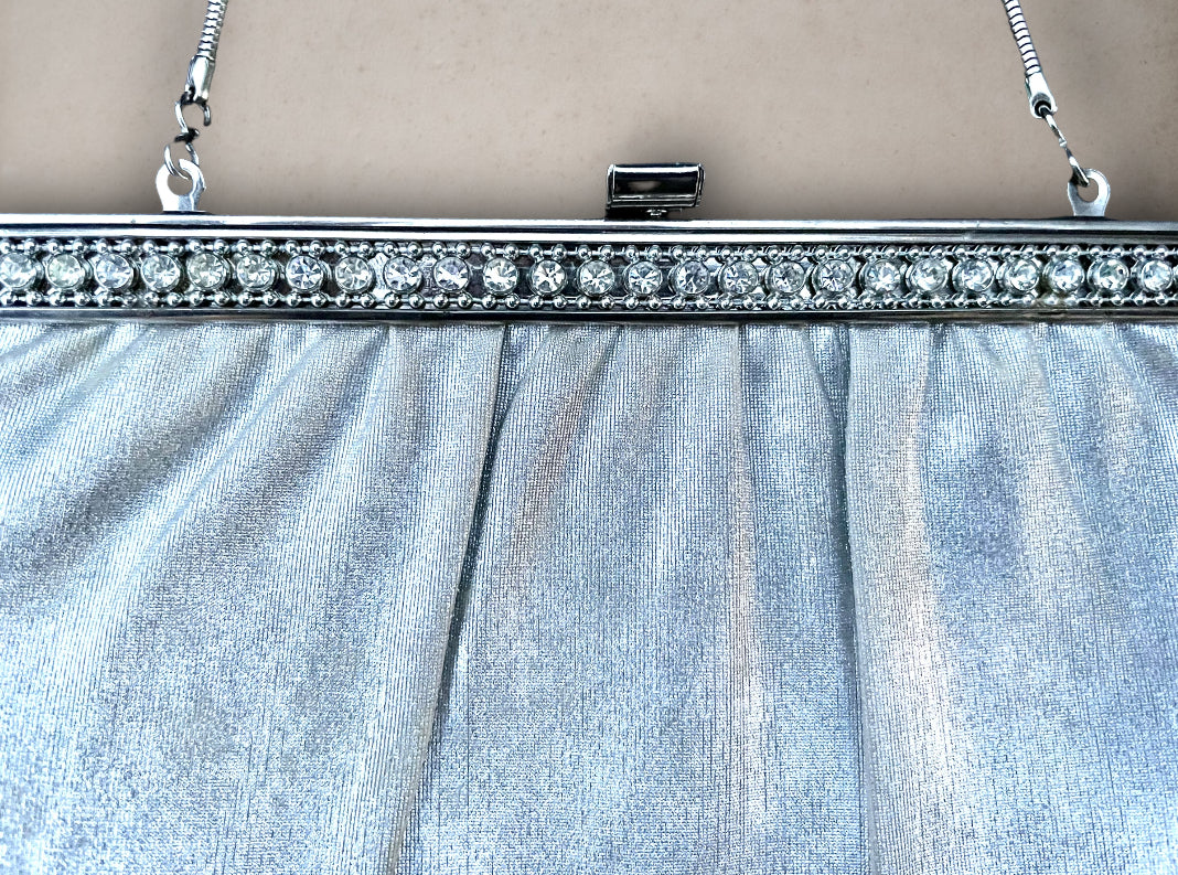 Vintage 1970’s Silver Convertible Clutch Handbag with Crystal Rhinestones