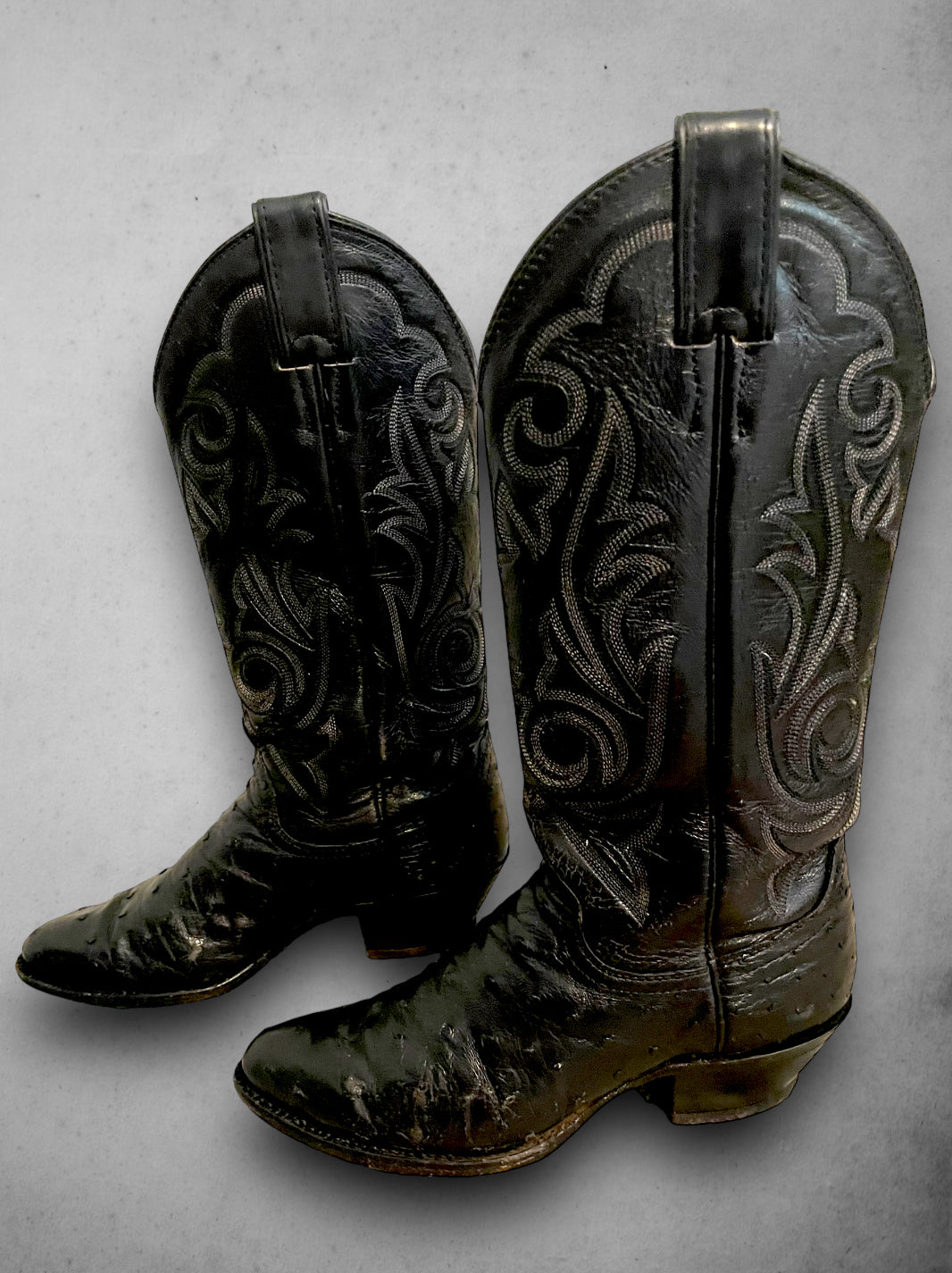 Vintage Black Leather Embroidered Cowboy Boots