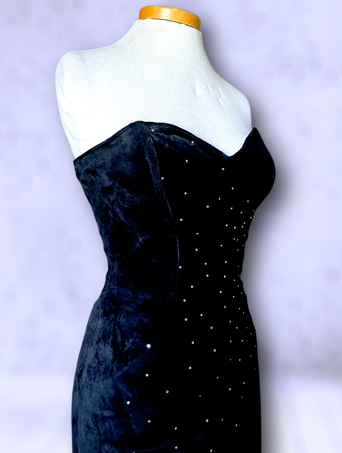 Vintage 1980’s Black Suede Leather Strapless Mini Dress with Crystal Detail