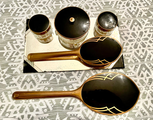 1950’s Mid Century Modern Vintage Black, Gold & Glass Mirror Vanity Set: Hand mirror, Hairbrush & Glass Jars
