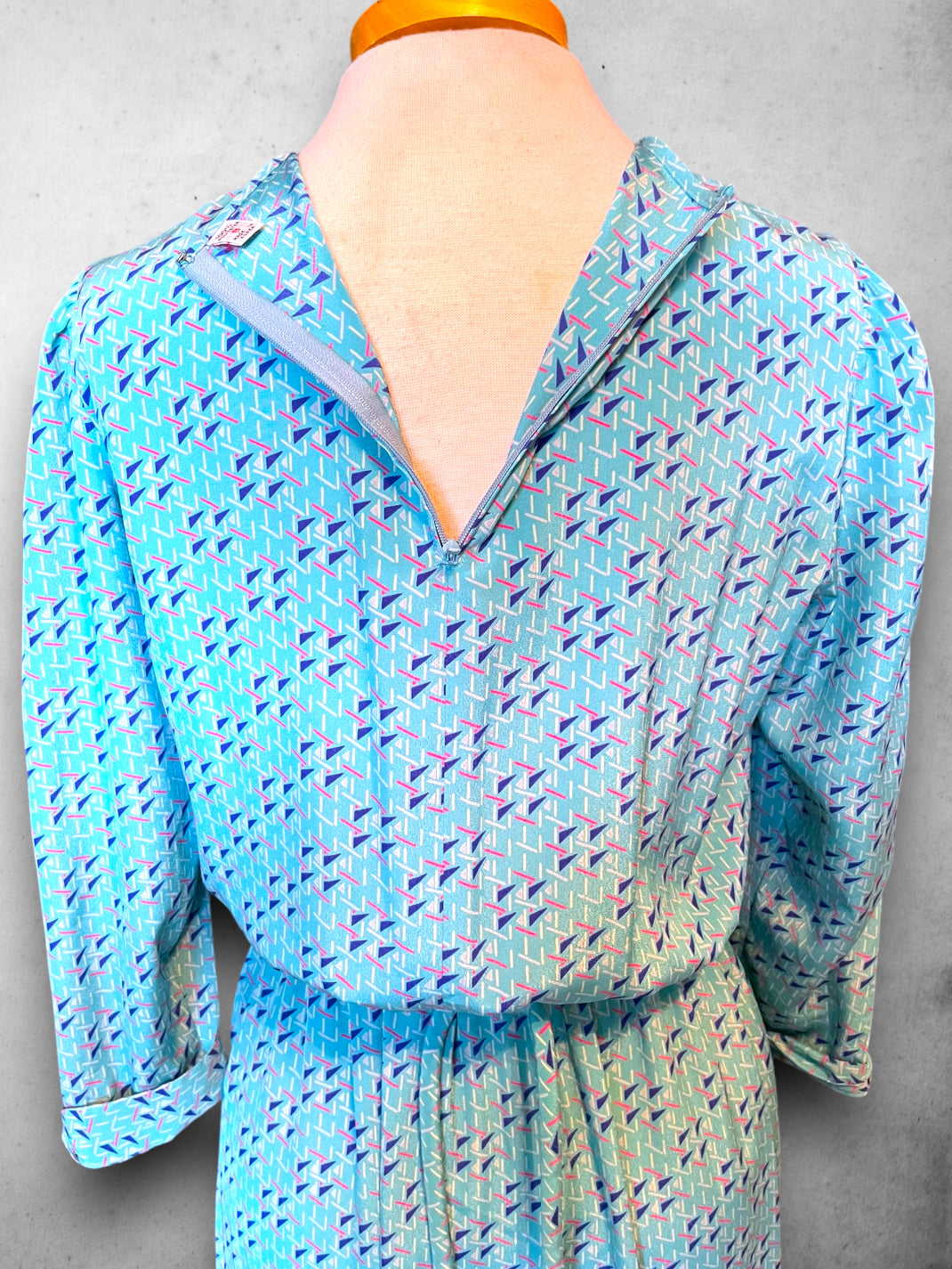 Vintage 1980’s Blue, Teal, Pink & White Abstract Pattern Dress