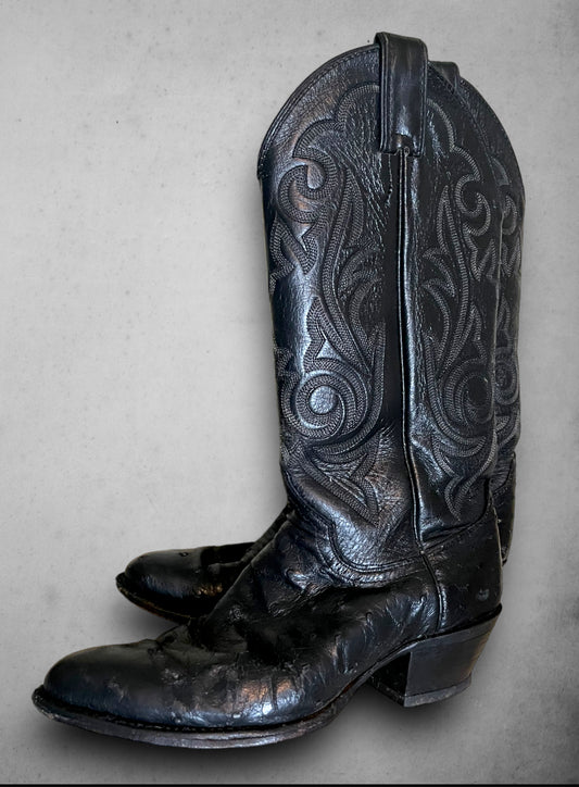 Vintage Black Leather Embroidered Cowboy Boots