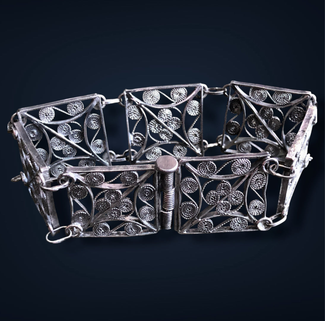 Vintage Victorian Sterling Silver Filigree Pin Hinge Panel Bracelet