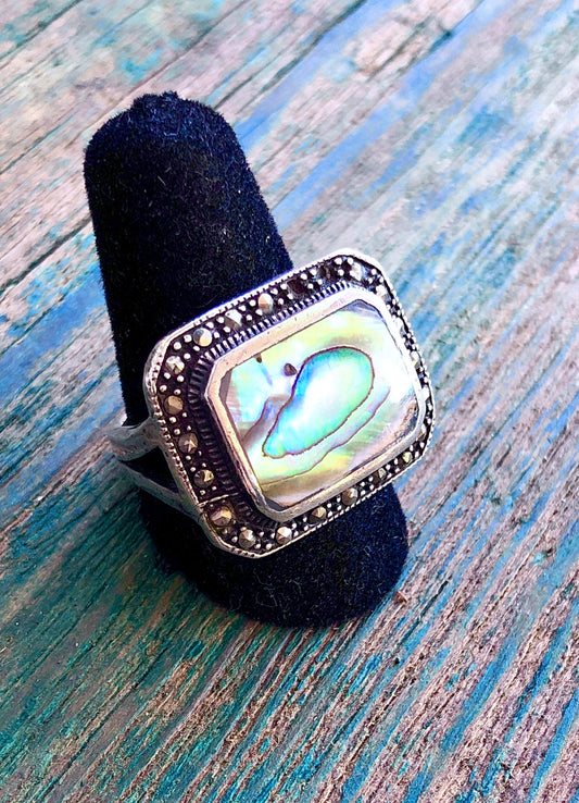 Sterling silver and abalone rectangle ring with marcasites sz 7.75