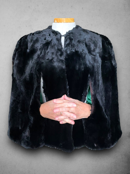 Vintage Black Fur Short Cape Jacket with Arm Holes