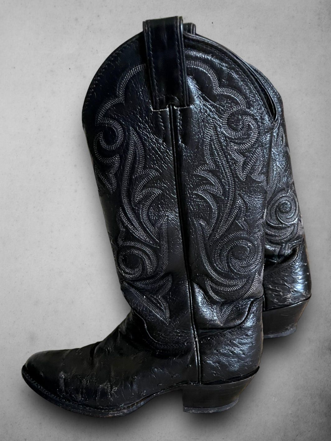 Vintage Black Leather Embroidered Cowboy Boots