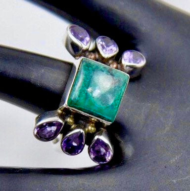 Vintage Chrysocolla & Amethyst Sterling Silver Ring Size 10