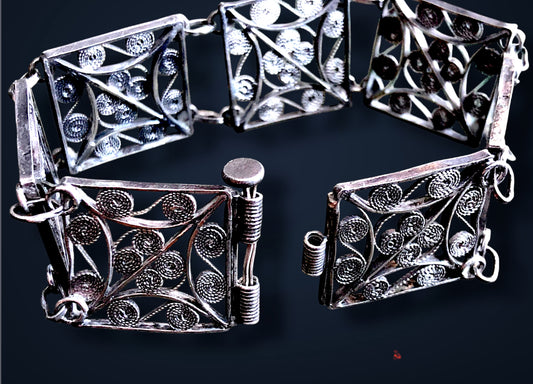 Vintage Victorian Sterling Silver Filigree Pin Hinge Panel Bracelet
