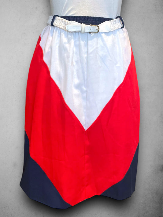 Vintage 1970’s Red, White & Blue Chevron Belted Pocket Skirt