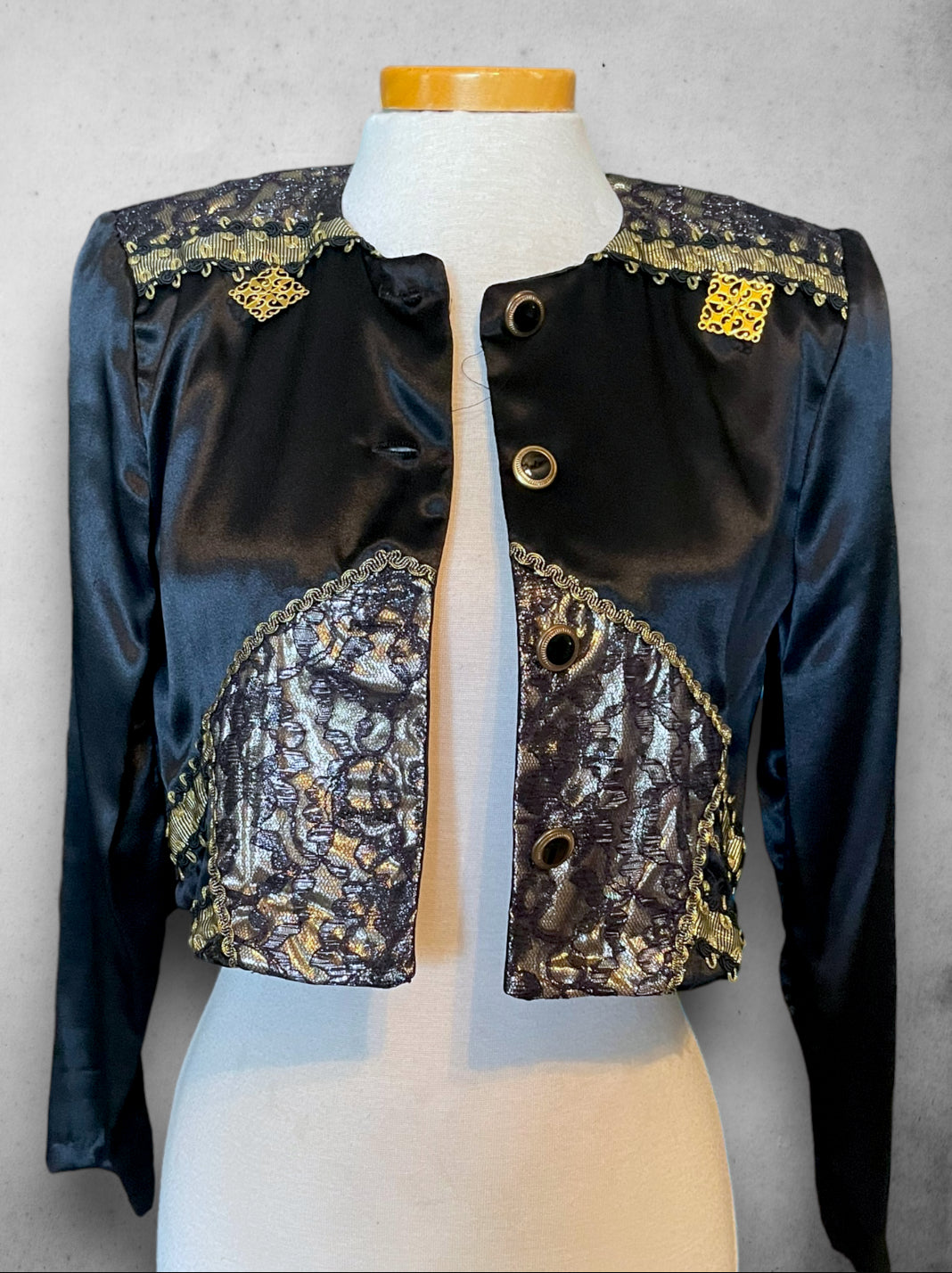 1980’s All That Jazz Black & Gold Lamé & Lace Pop Star Crop Satin Jacket