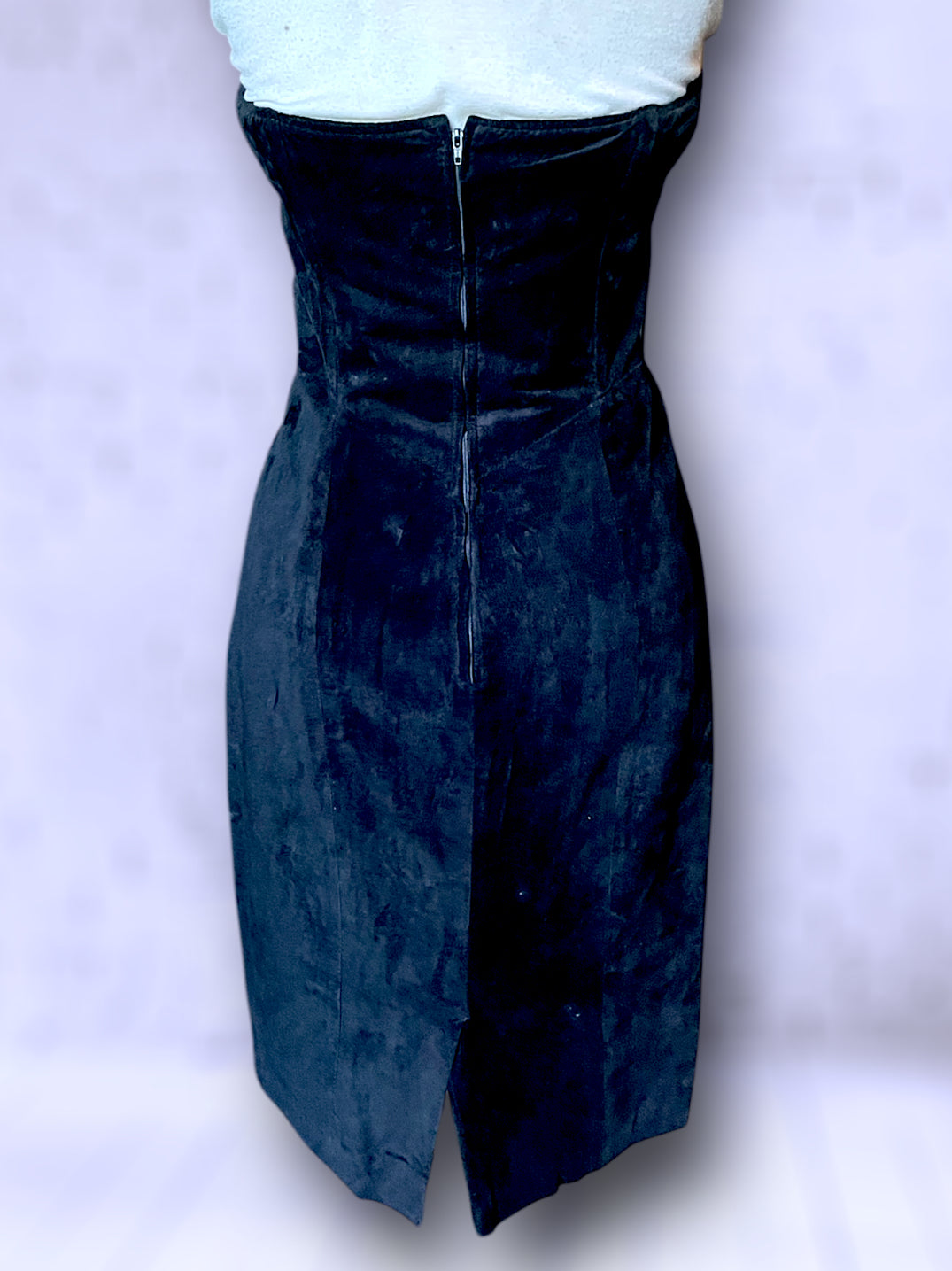 Vintage 1980’s Black Suede Leather Strapless Mini Dress with Crystal Detail