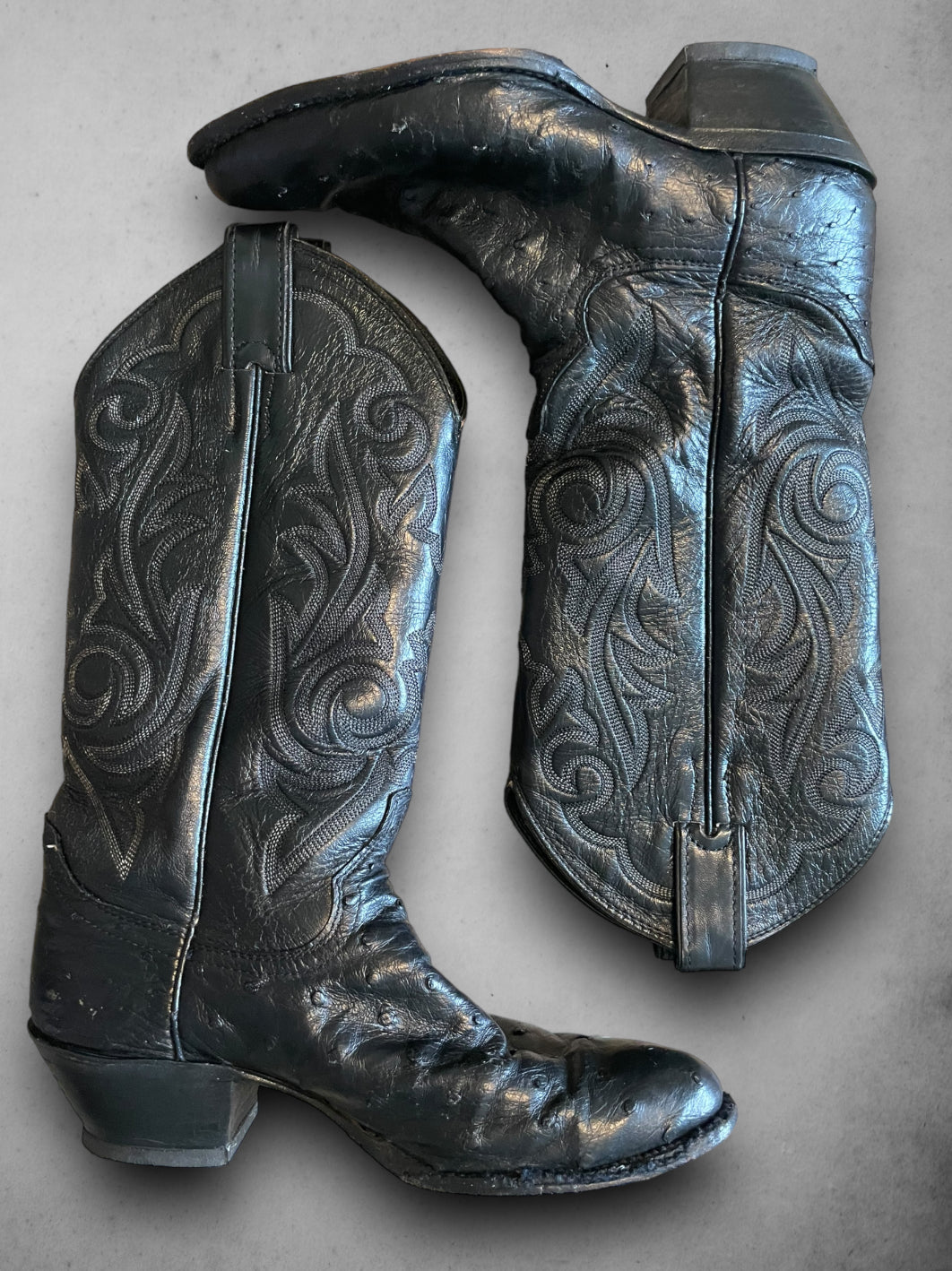 Vintage Black Leather Embroidered Cowboy Boots