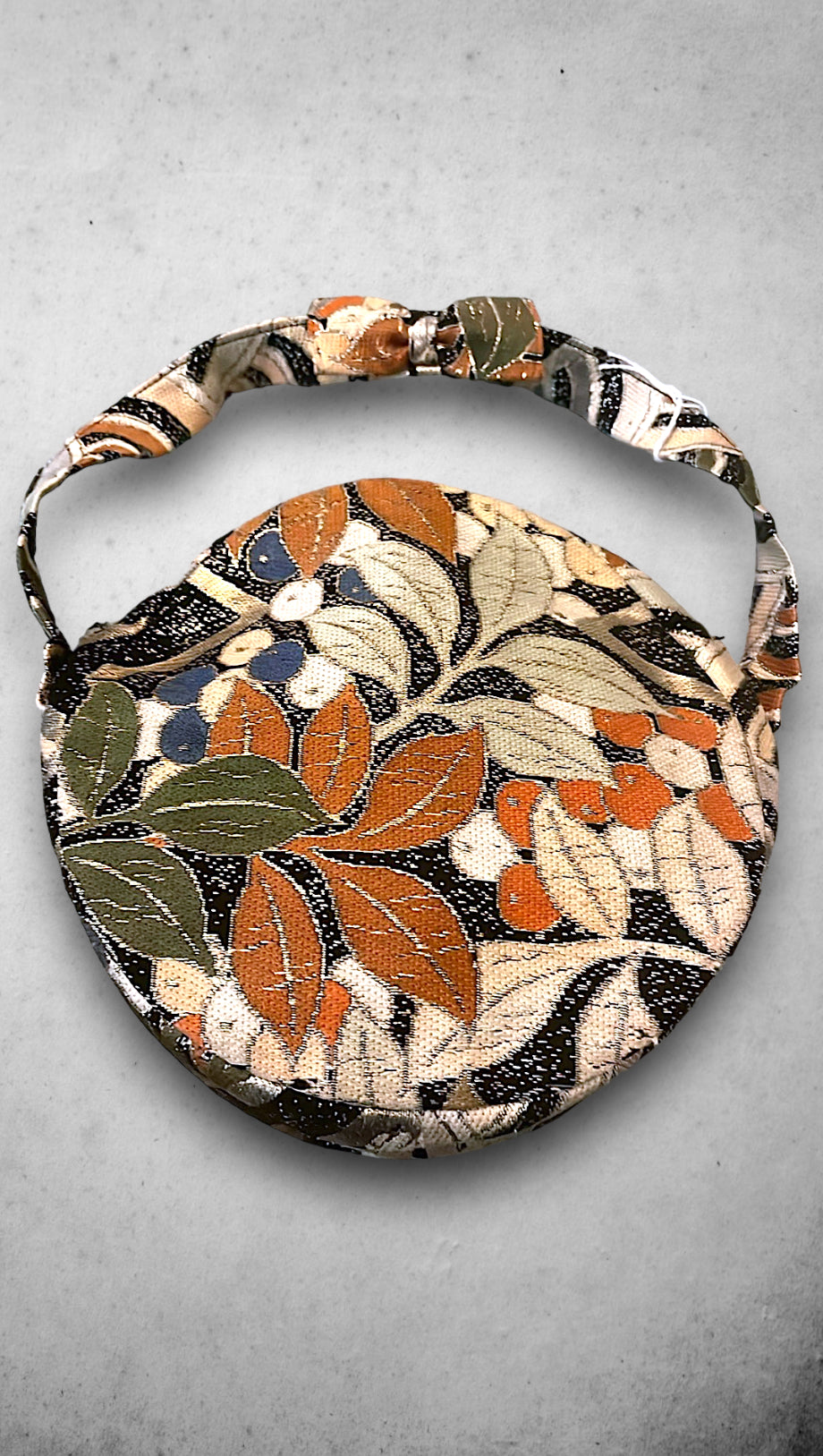 Vintage Gold, Blue, Orange, Green & Beige Floral Print Metallic Purse with Bow