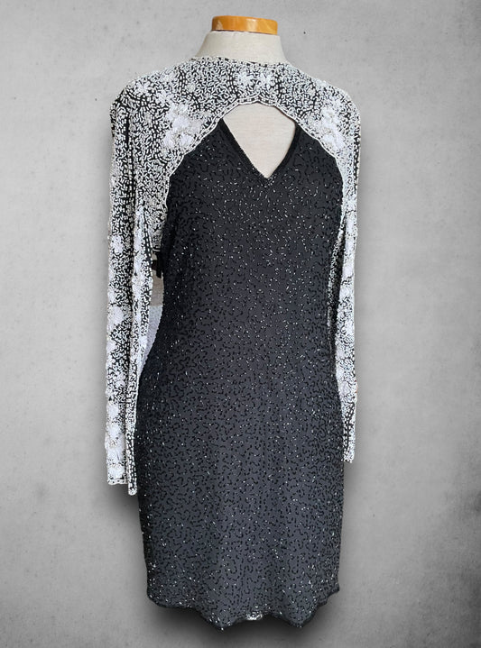 Vintage 1970’s Silk Black & White Glass Beaded, Sequin & Pearl Party Dress