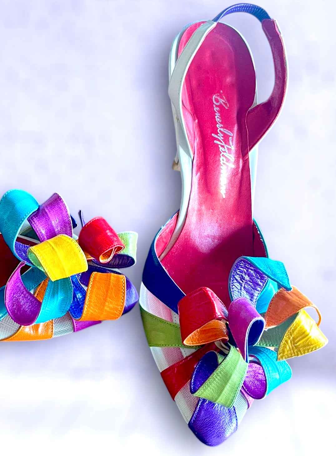 Vintage 1970’s Rainbow Leather Curly Flower Petal & See Through Mesh Panel Slingback Stiletto Heels