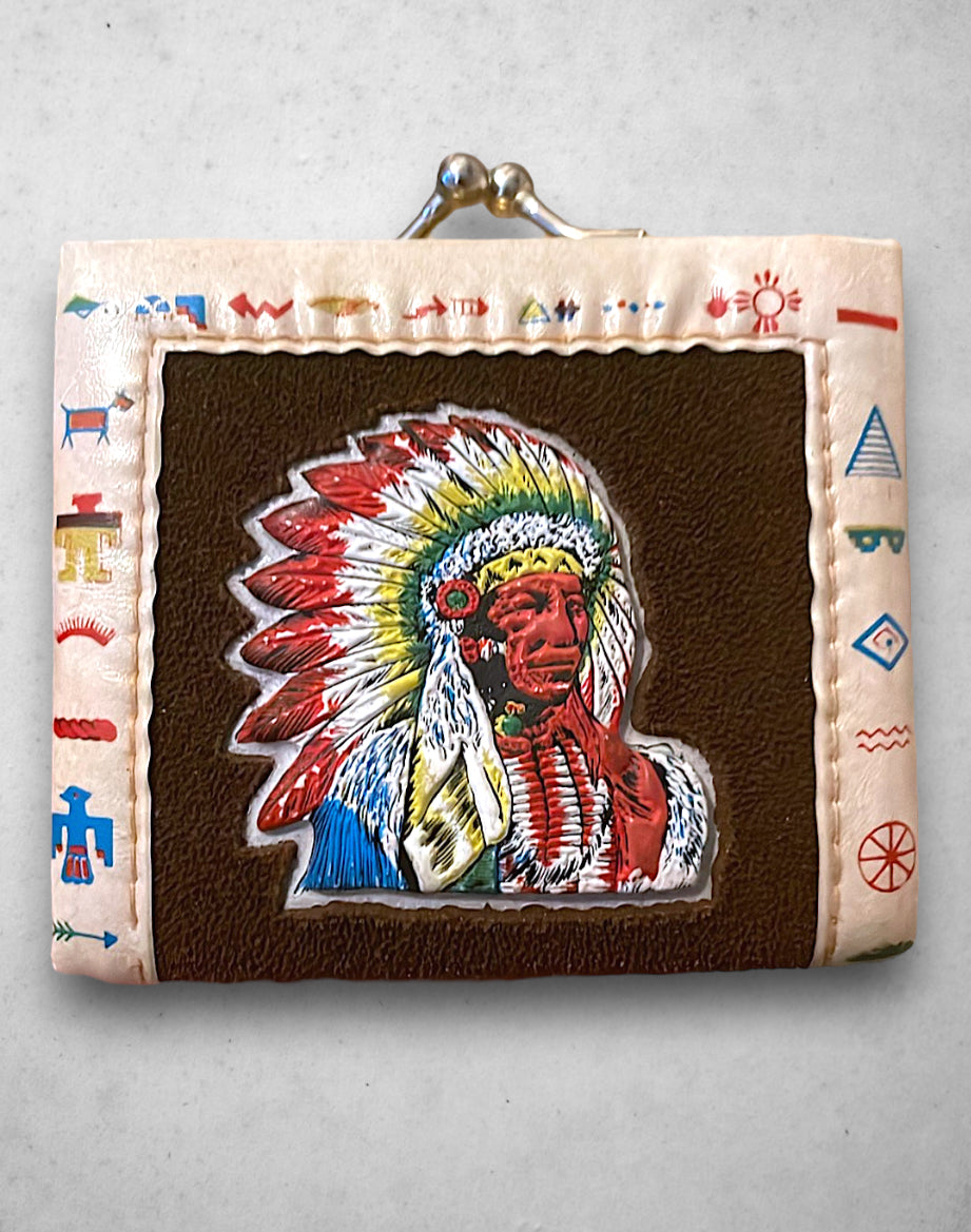 Vintage Native American Indian in Full Feather Headdress & Symbols Wallet