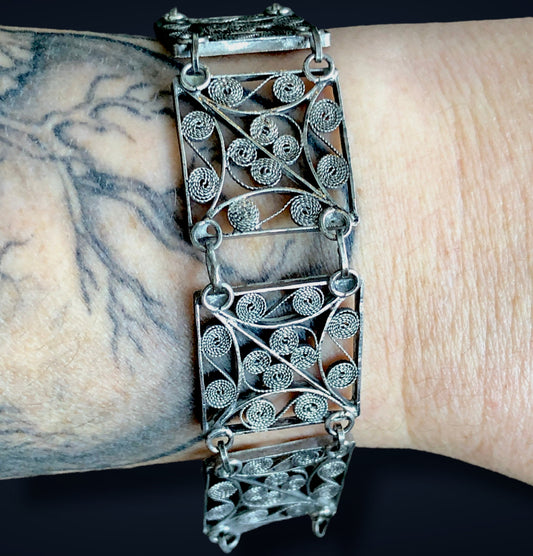 Vintage Victorian Sterling Silver Filigree Pin Hinge Panel Bracelet