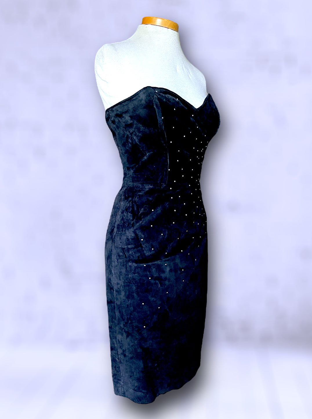 Vintage 1980’s Black Suede Leather Strapless Mini Dress with Crystal Detail