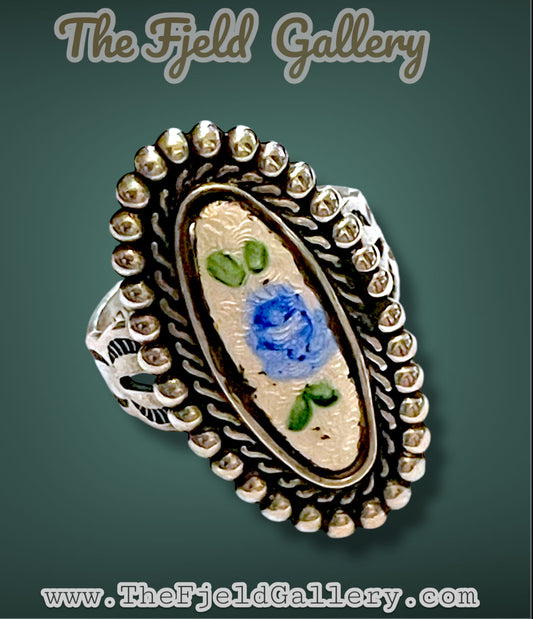 Gorgeous Sterling Cloisonné Enamel Blue Rose Ring