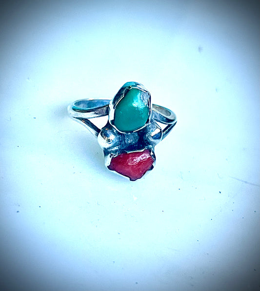 Native American Vintage Sterling Silver Turquoise & Red Coral Ring sz 6.5