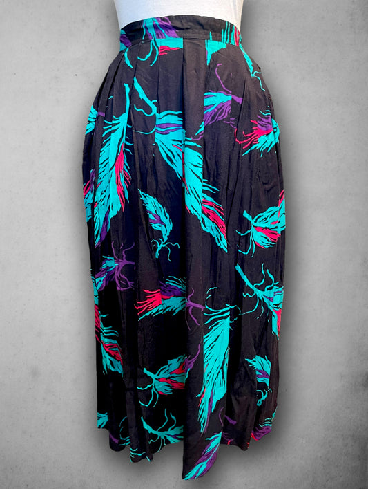 Vintage 1980’s Long Black, Teal Blue, Magenta Pink & Purple Feather Pattern Pocket Skirt