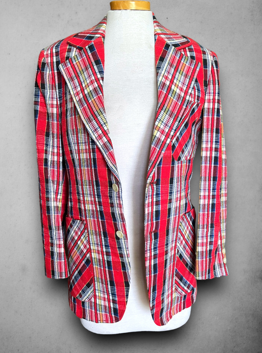 Vintage 1970’s Johnny Carson Red, Yellow, Blue & White Plaid Sports Coat / Blazer