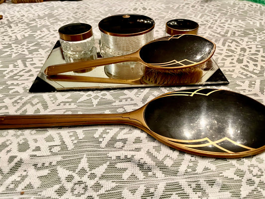 1950’s Mid Century Modern Vintage Black, Gold & Glass Mirror Vanity Set: Hand mirror, Hairbrush & Glass Jars