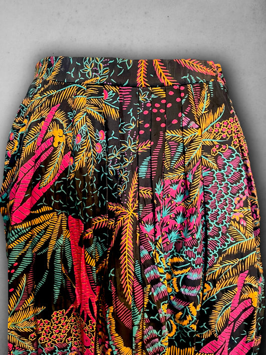 Vintage 90’s Jewel Tone & Black  Floral Print Long Pleated Skirt