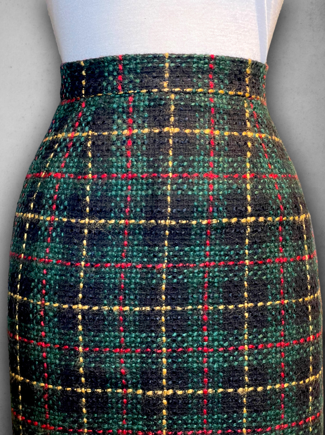 Vintage Green, Red, Yellow & Black Plaid Wool Pencil Skirt