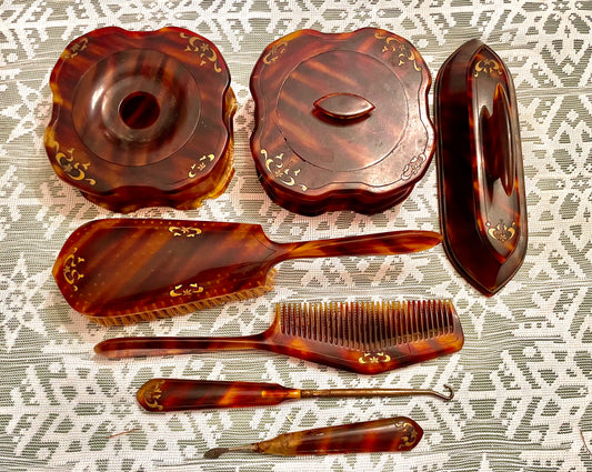 1920’s La Belle Tortoise Shell Pyralin Celluloid 7 pcs Vanity Set: Hand Mirror, Hair Brush & more