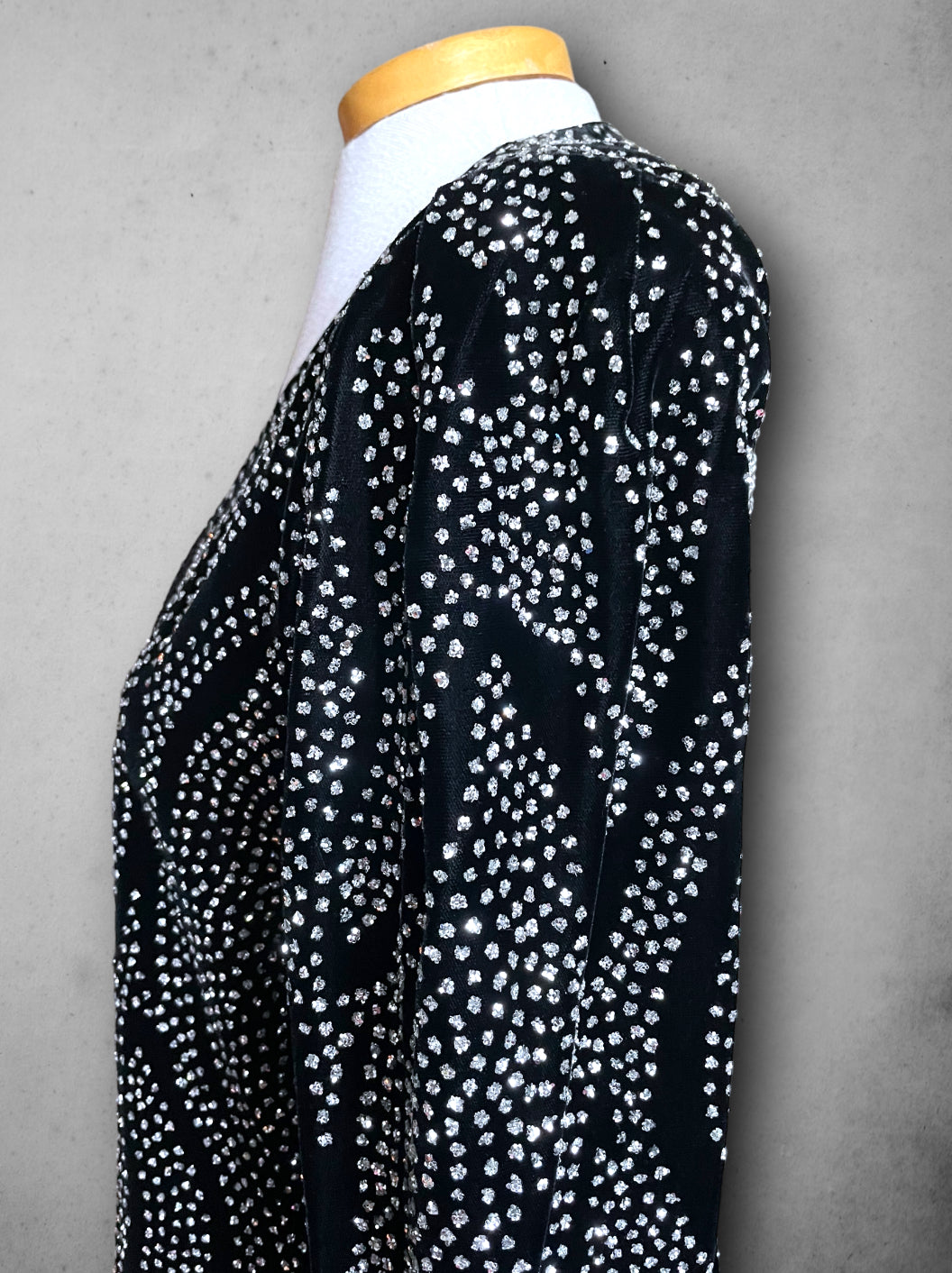 Vintage 1980’s Black Velvet Silver Glitter Pattern Coat / Button Up Blouse