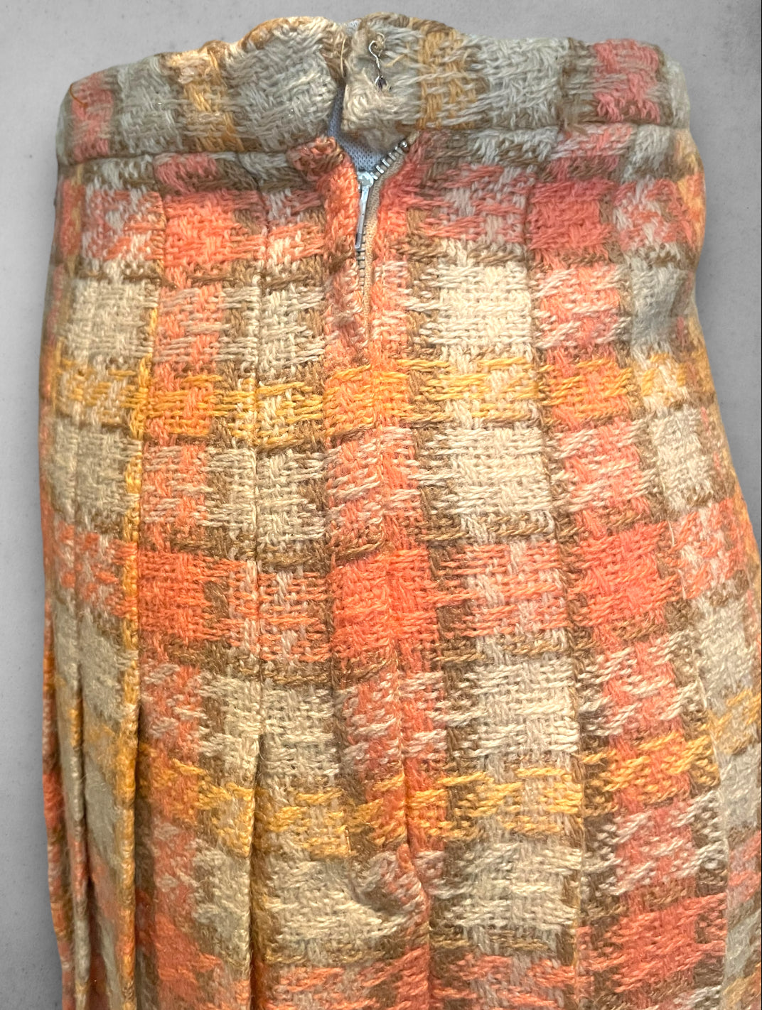 1960’s Wool Pleated Salmon Pink, Orange & Beige Plaid Skirt