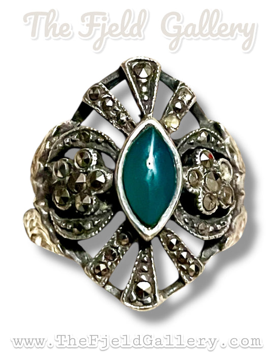 Art Deco Chrysoprase & Marcasite Sterling Silver Vintage Cocktail Ring sz 9