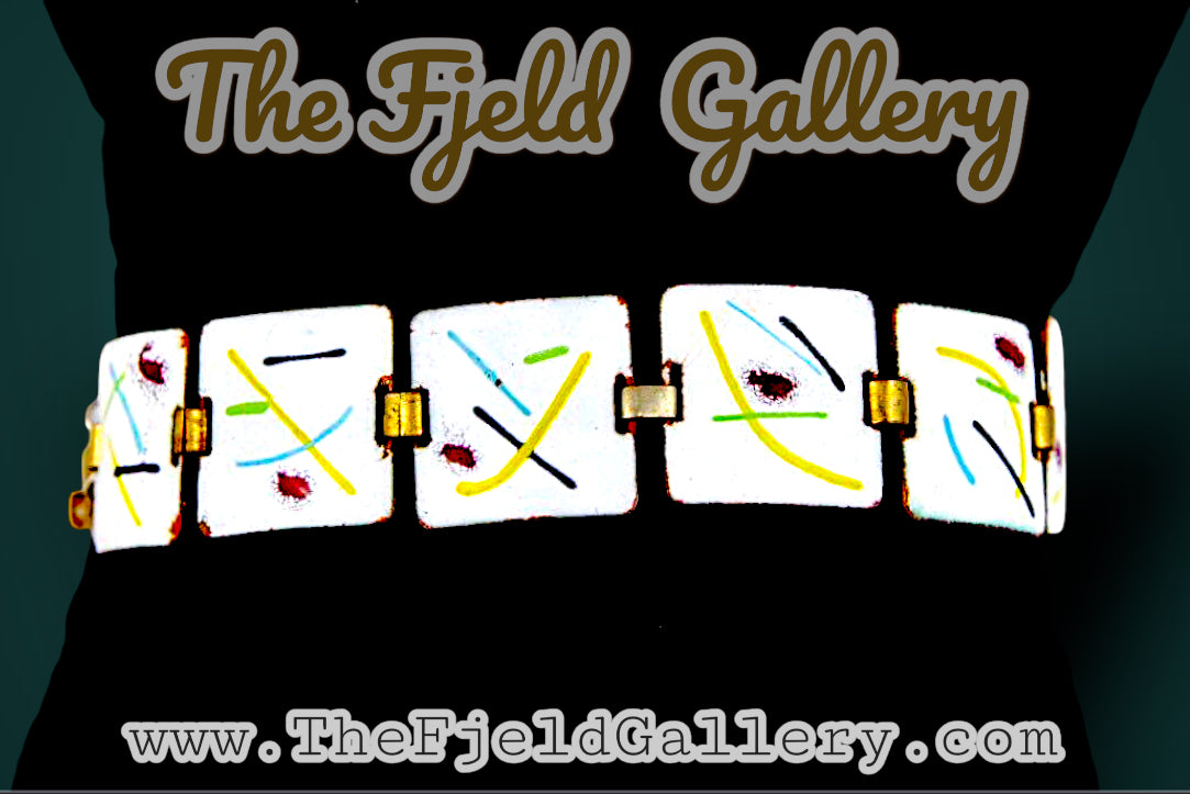 Vintage Enamel Modern Abstract Art On Copper Link Bracelet