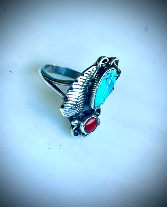 Native American Sterling Silver Turquoise Carved Leaf & Red Coral Ring w/ Leaf