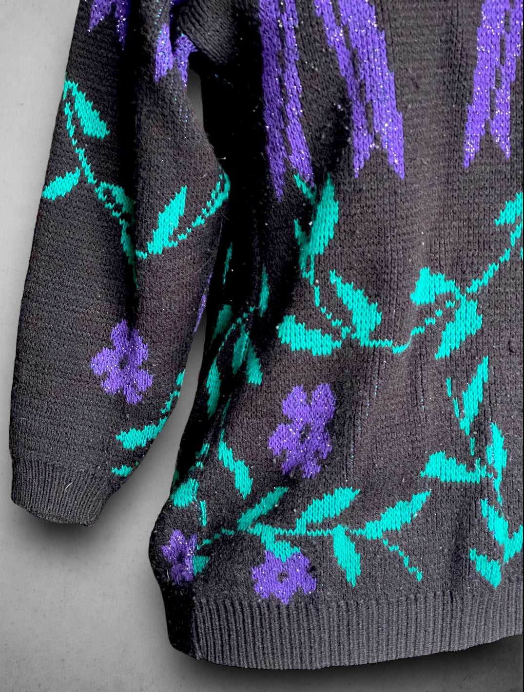 Vintage 1980’s Sweater with Purple & Green Bow and Floral Design & Purple Crystal Detail