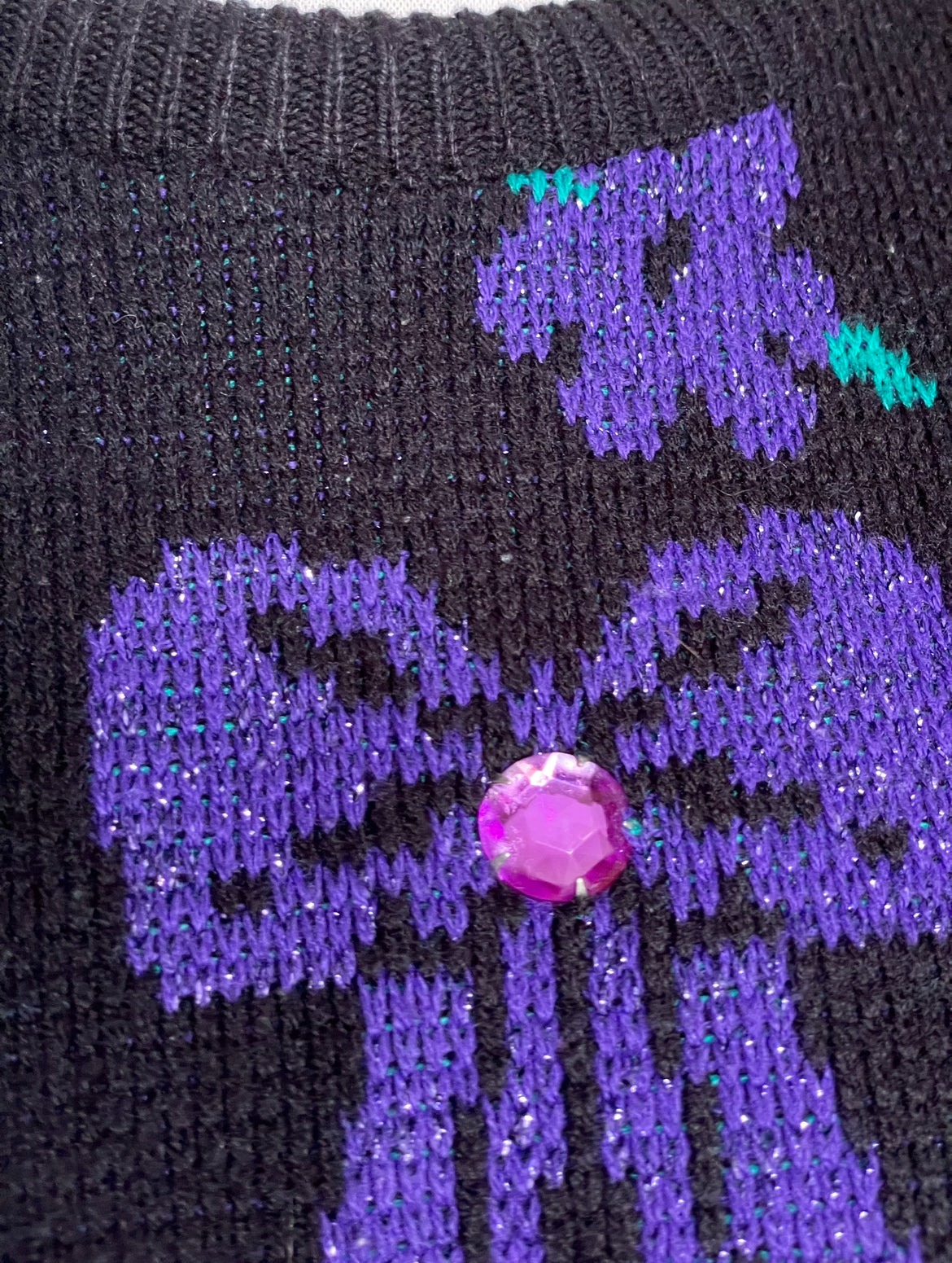 Vintage 1980’s Sweater with Purple & Green Bow and Floral Design & Purple Crystal Detail